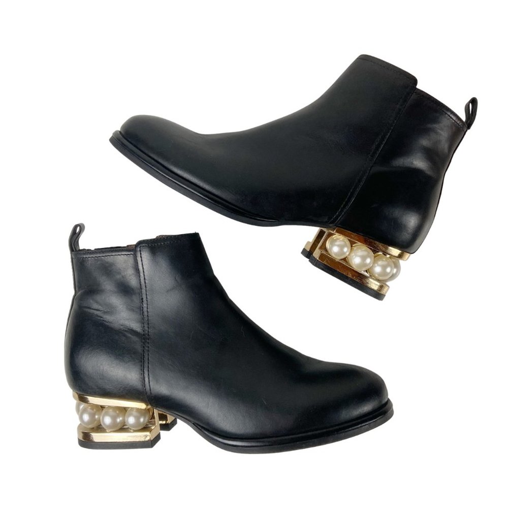 Jeffrey Campbell Black Leather Pearl Heeled Bootie